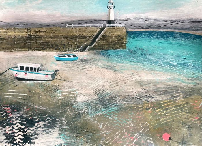 Walk Across the Harbour Sands. Cornwall Seascape Paintings by Jane Askey. Mixed media on paper.
