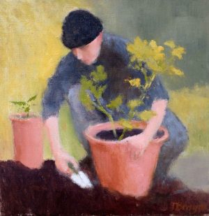 Potting On. Landscape Figurative Paintings by Jane Brayne. Oil on panel.