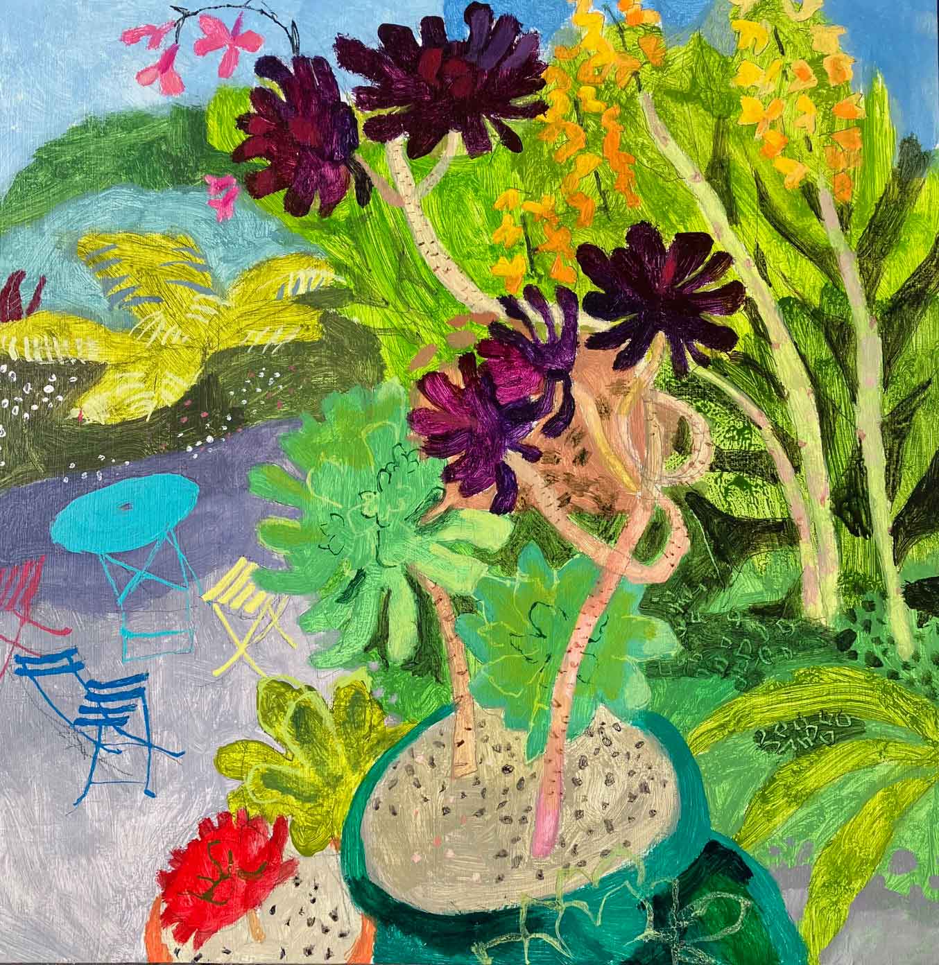 On the Patio. Landscape Floral Paintings by Mark Rochester. Acrylic on board. On the Patio. Landscape Floral Paintings by Mark Rochester. Acrylic on board.