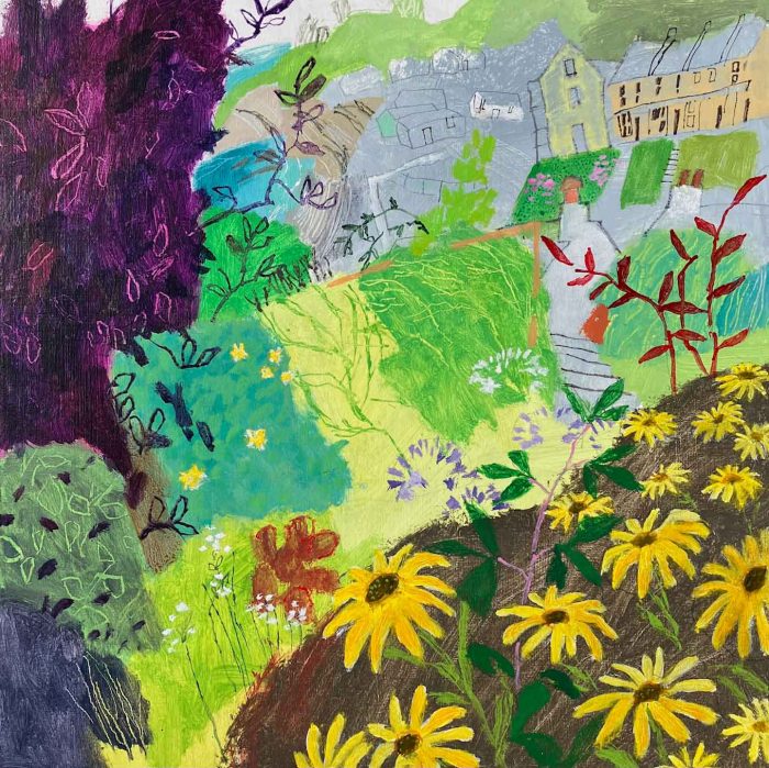 Up in the Garden. Landscape  Paintings by Mark Rochester. Acrylic on board.