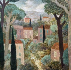 Evening Glow, Provence. European Landscape Paintings by Sarah Bowman. Oil on board.
