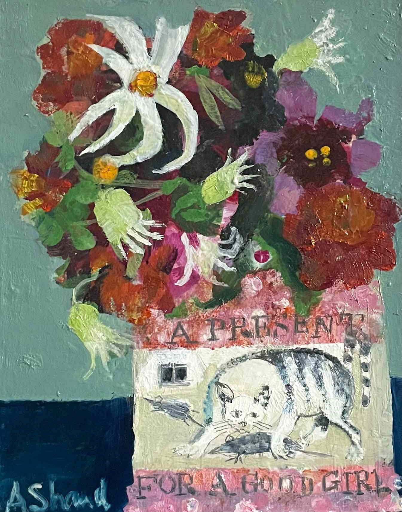 A Present for a Good Girl. Still Life Floral Paintings by Arabella Shand. Oil on board.