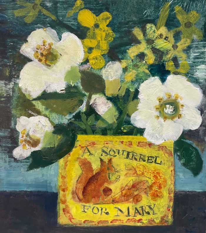 A Squirrel for Mary. Still Life Floral Paintings by Arabella Shand. Oil on board.