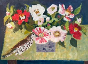 Mistle Thrush & Camellias. Birds & Animals Still Life Paintings by Arabella Shand. Oil on board.