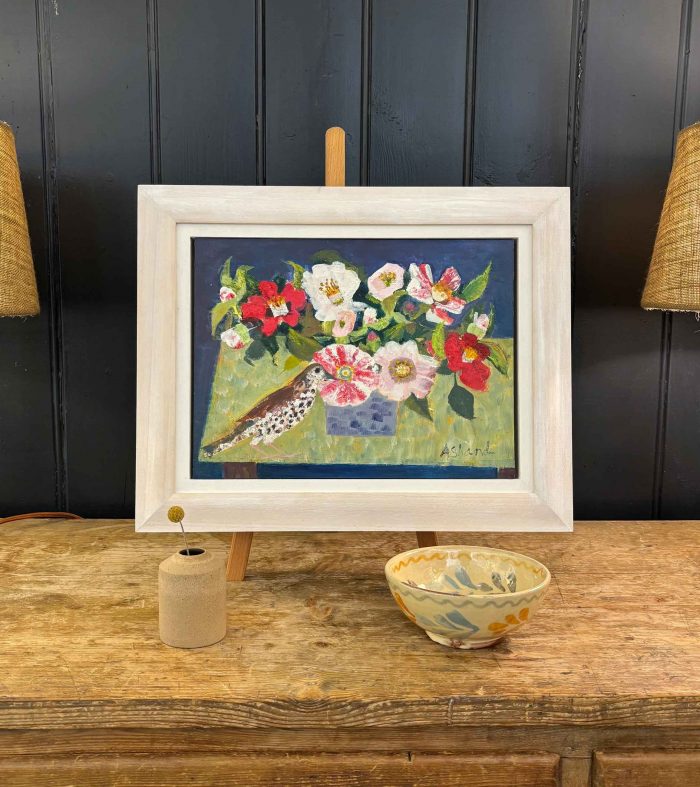 Mistle Thrush & Camellias. Birds & Animals Still Life Paintings by Arabella Shand. Oil on board.