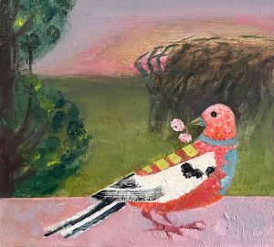 Pied Chaffinch with Rowan Berries. Birds & Animals Landscape Paintings by Arabella Shand. Oil on board.