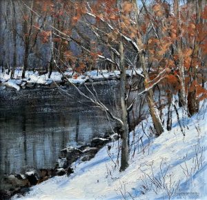 River Bank in January. Landscape  Paintings by Caroline McMillan Davey. Oil on board.