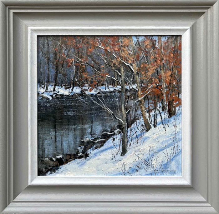 River Bank in January. Landscape  Paintings by Caroline McMillan Davey. Oil on board.