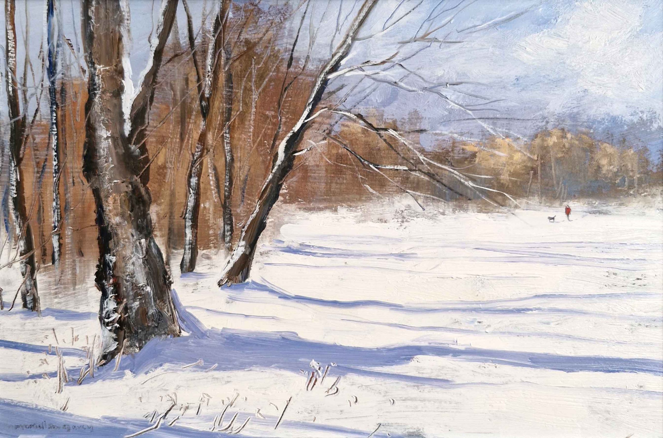 Winter Morning Walker. Landscape  Paintings by Caroline McMillan Davey. Oil on board.