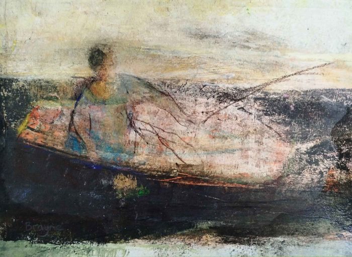 Fisherwoman in Blue. Landscape Figurative Paintings by David Brayne. Acrylic and pigment.