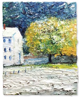 Tree in the Snow. Dartmoor Devon Paintings by David Morgan. Oil on board.