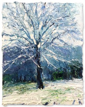 Tree in the Snow. Dartmoor Devon Paintings by David Morgan. Oil on board.
