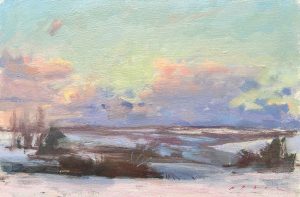 Evening Snow Clouds. Devon Landscape Paintings by Maria Rose. Oil on board.