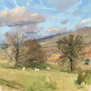 Moor View with Sheep. Devon Landscape Paintings by Maria Rose. Oil on board.