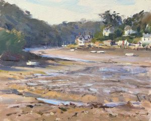 Tide Out, Noss Mayo. Devon Landscape Paintings by Maria Rose. Oil on board.