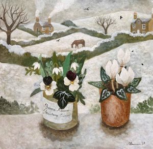 Horse in the Snow. Dartmoor Landscape Paintings by Sarah Bowman. Oil on board.