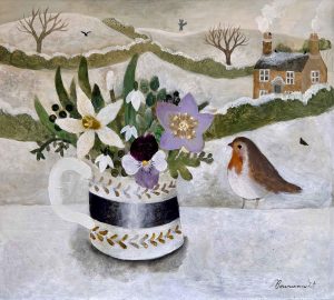 Robin on the Window. Landscape Floral Paintings by Sarah Bowman. Oil on board.