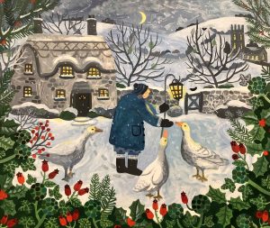 Geese by Moonlight. Birds & Animals Landscape Paintings by Vanessa Bowman. Oil on card.