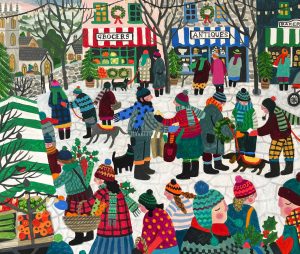 Christmas Shoppers. Figurative  Paintings by Vanessa Bowman. Oil on card.