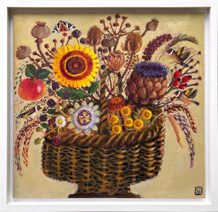 Harvest Basket. Still Life Floral Paintings by Vanessa Cooper. Oil on board.