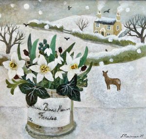 Deer & Jam Jar Posy. Birds & Animals Dartmoor Paintings by Sarah Bowman. Oil on board.