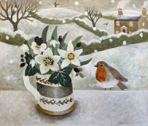 Winter Posy & Robin. Birds & Animals Dartmoor Paintings by Sarah Bowman. Oil on board.
