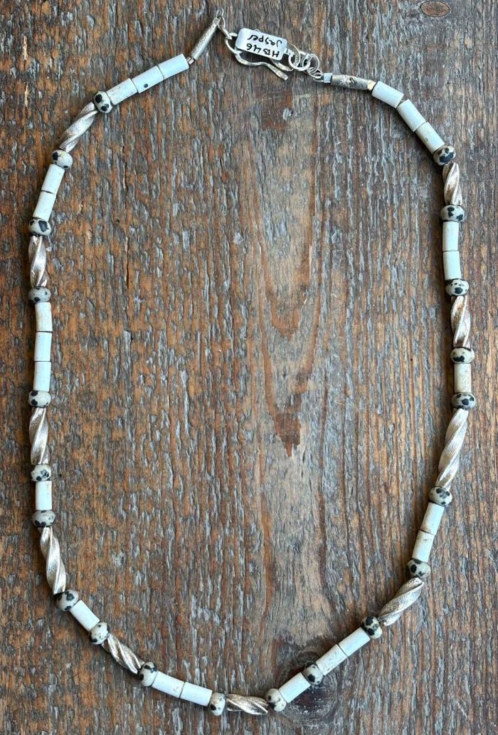 Silver Twist Tube with Dalmatian Jasper Necklace (46). Jewellery by Holly Belsher. Silver. Silver Twist Tube with Dalmatian Jasper Necklace (46). Jewellery by Holly Belsher. Silver.