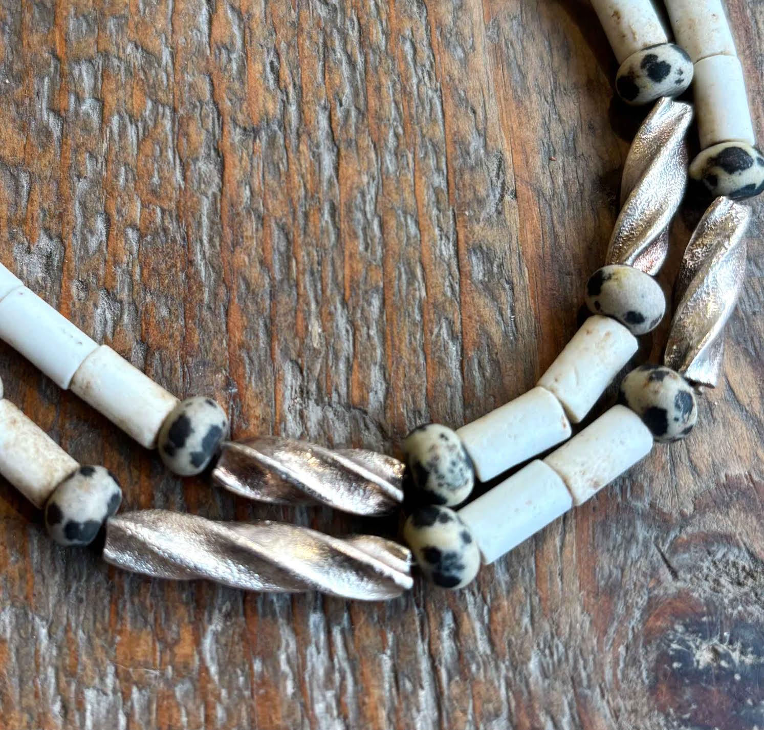 Silver Twist Tube with Dalmatian Jasper Necklace (46). Jewellery by Holly Belsher. Silver. Silver Twist Tube with Dalmatian Jasper Necklace (46). Jewellery by Holly Belsher. Silver.