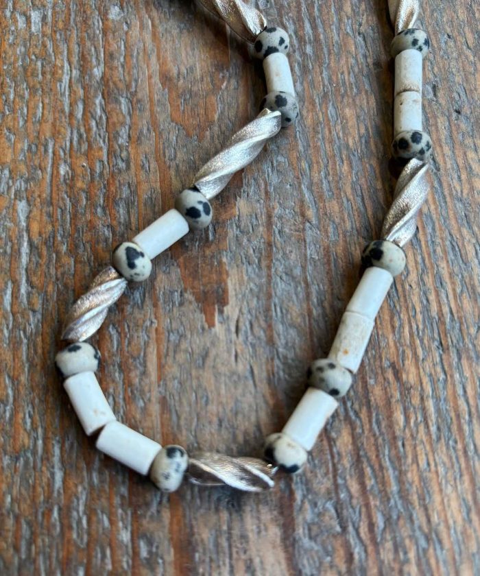 Silver Twist Tube with Dalmatian Jasper Necklace (46). Jewellery by Holly Belsher. Silver. Silver Twist Tube with Dalmatian Jasper Necklace (46). Jewellery by Holly Belsher. Silver.