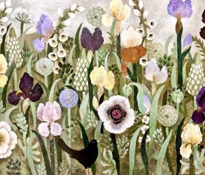 Iris Melody. Birds & Animals Floral Paintings by Sarah Bowman. Oil on board.