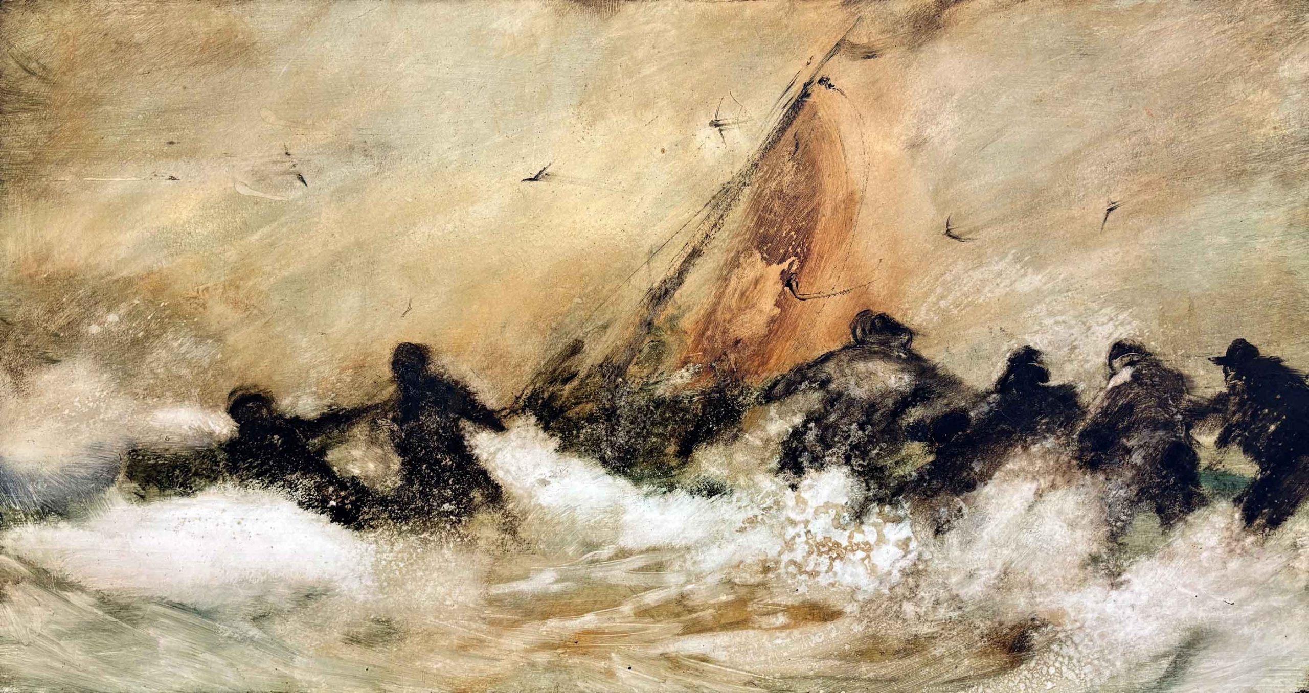Fishermen Hauling a Boat Ashore. Seascape Figurative Paintings by Anthony Amos. Mixed media on board. Fishermen Hauling a Boat Ashore. Seascape Figurative Paintings by Anthony Amos. Mixed media on board.