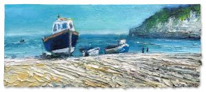 Three Fishing Boats. Cornwall Seascape Paintings by David Morgan. Oil on board.