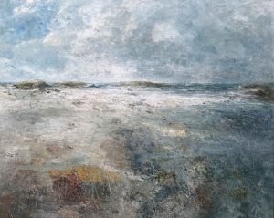 April Beach. Seascape  Paintings by Ellen Watson. Mixed media on canvas.