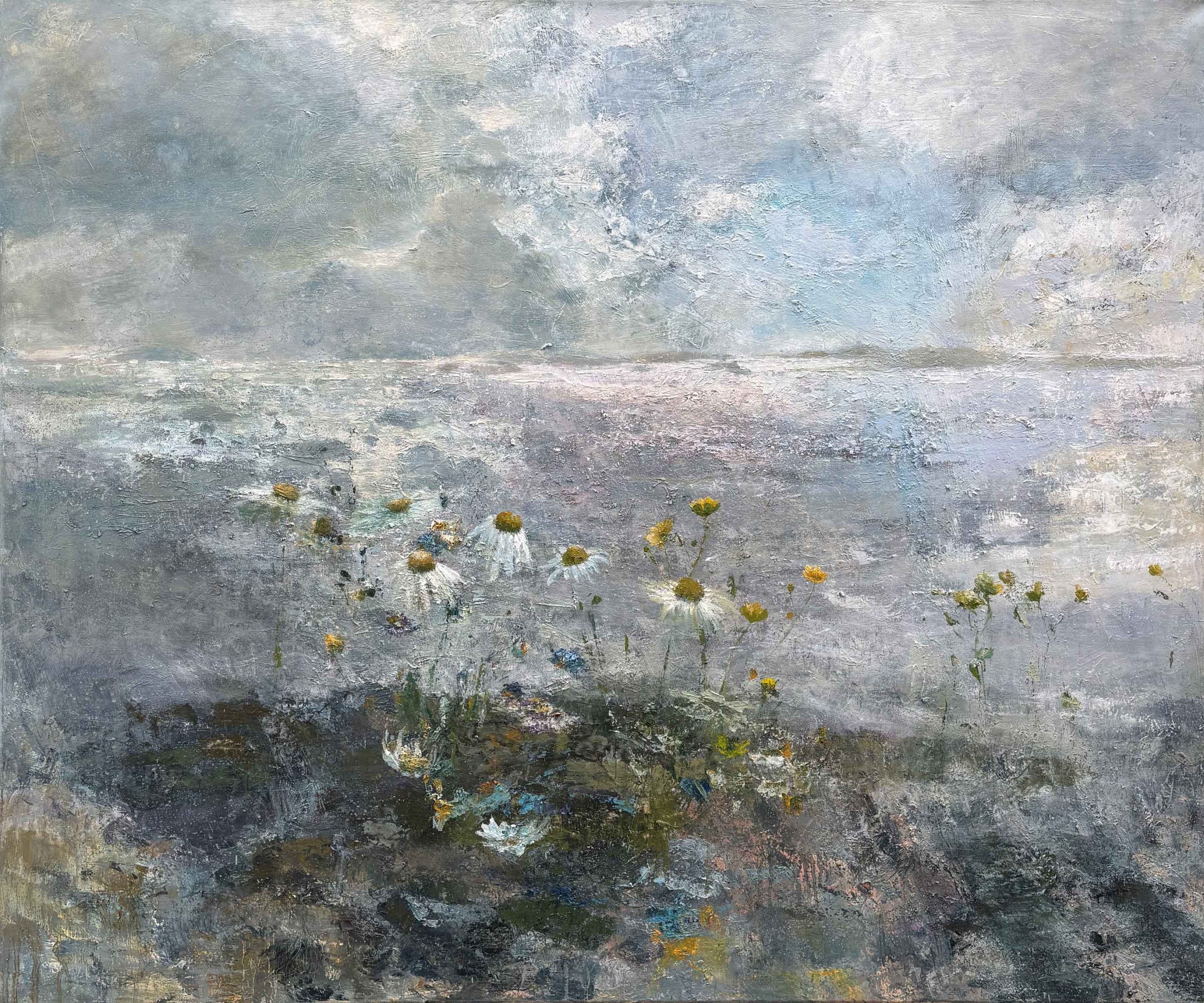 Oxeye Daisies & Cornflowers. Landscape Seascape Paintings by Ellen Watson. Mixed media on canvas.