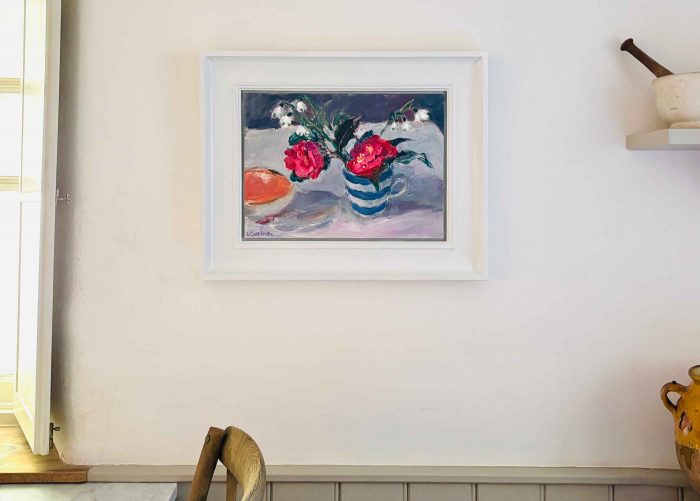 Camellias & Cornishware. Still Life Floral Paintings by Lynne Cartlidge. Oil on board.