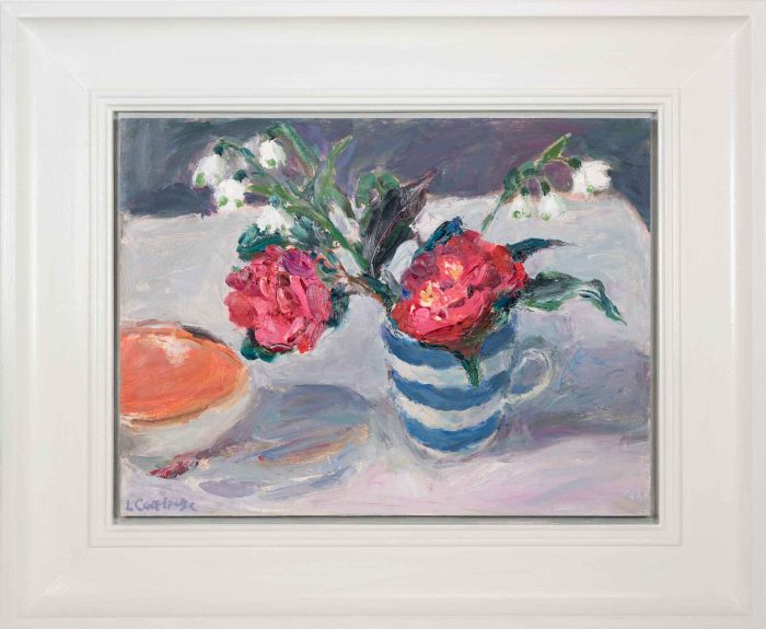 Camellias & Cornishware. Still Life Floral Paintings by Lynne Cartlidge. Oil on board.