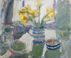 Daffodils in the Studio. Still Life Floral Paintings by Lynne Cartlidge. Oil on board.