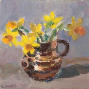 Tête-à-Têtes in a French Coffee Cup. Still Life Floral Paintings by Lynne Cartlidge. Oil on board.