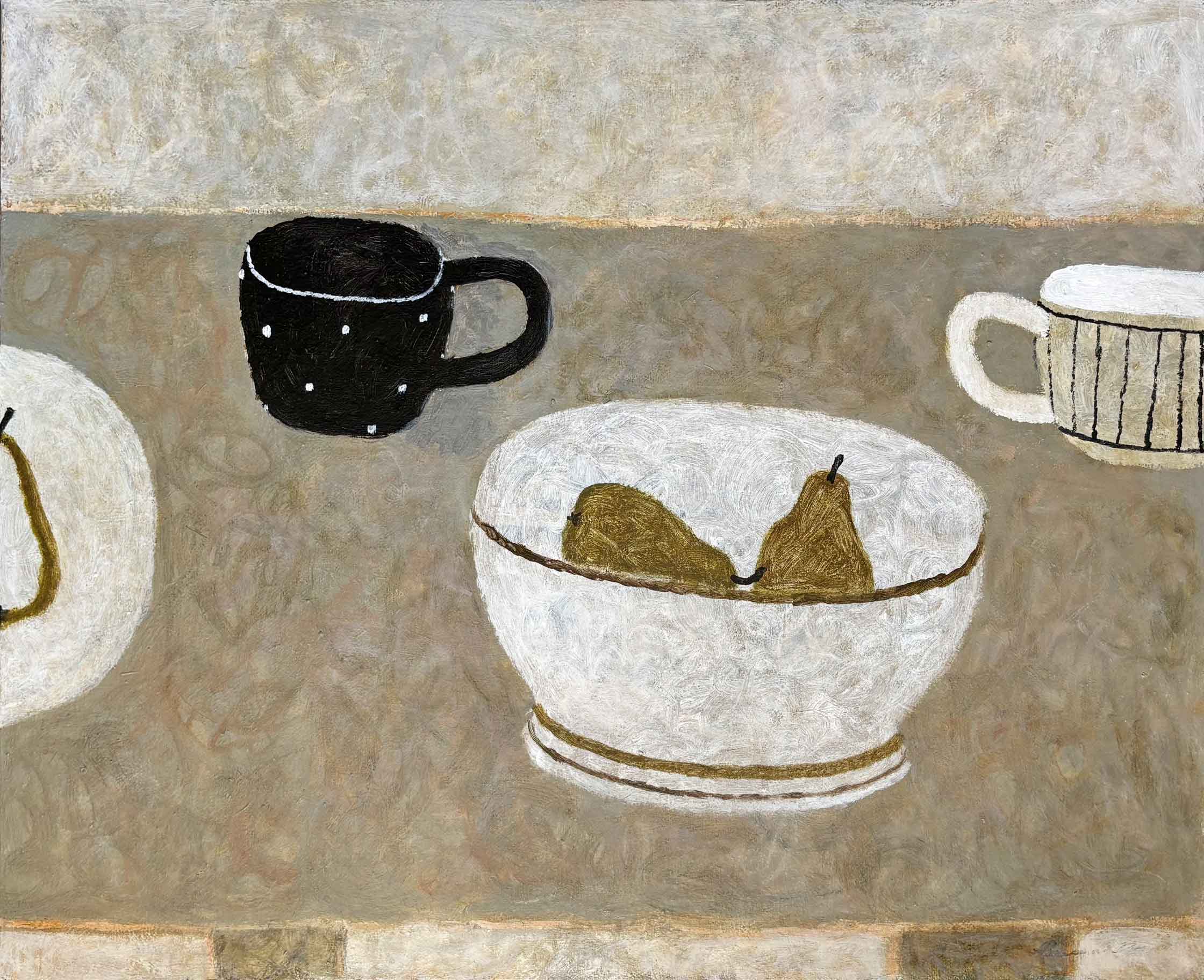 Pears & Black Spotted Cup. Still Life Interiors Paintings by Sarah Bowman. Oil on canvas. Pears & Black Spotted Cup. Still Life Interiors Paintings by Sarah Bowman. Oil on canvas.