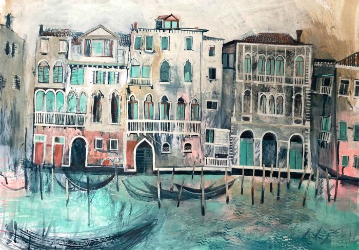 Summer Day, Grand Canal. Landscape European Paintings by Jane Askey. Mixed media on paper.