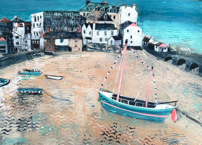 Boat with Bunting, St Ives. Cornwall Seascape Paintings by Jane Askey. Mixed media on paper.