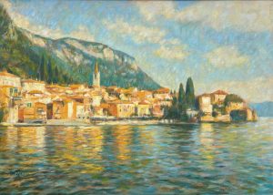 Varenna, Lake Como. European Landscape Paintings by Michael Bowman. Oil on canvas.