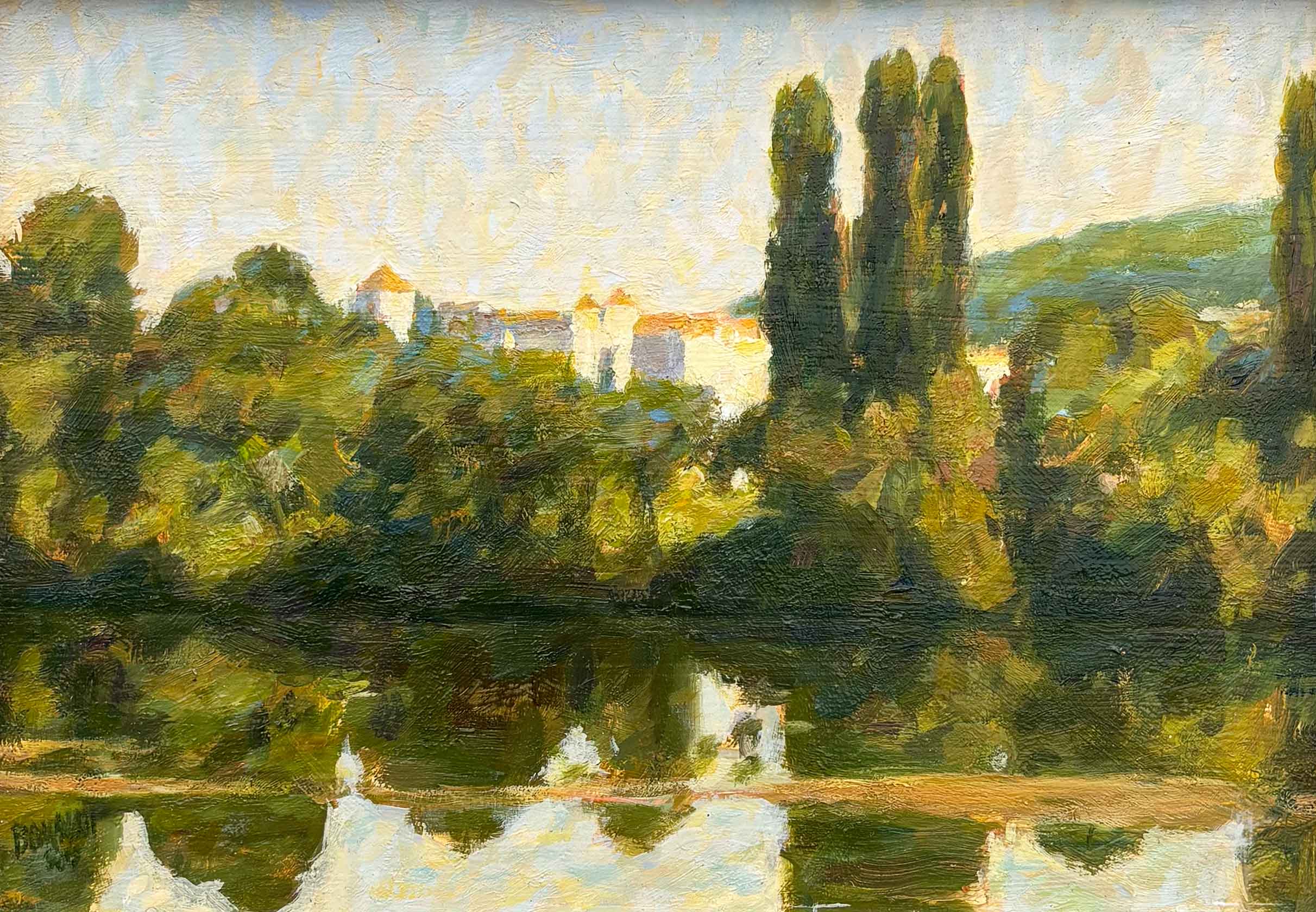 Hilltop Village, River Lot, Cahors. European Landscape Paintings by Michael Bowman. Oil on board.