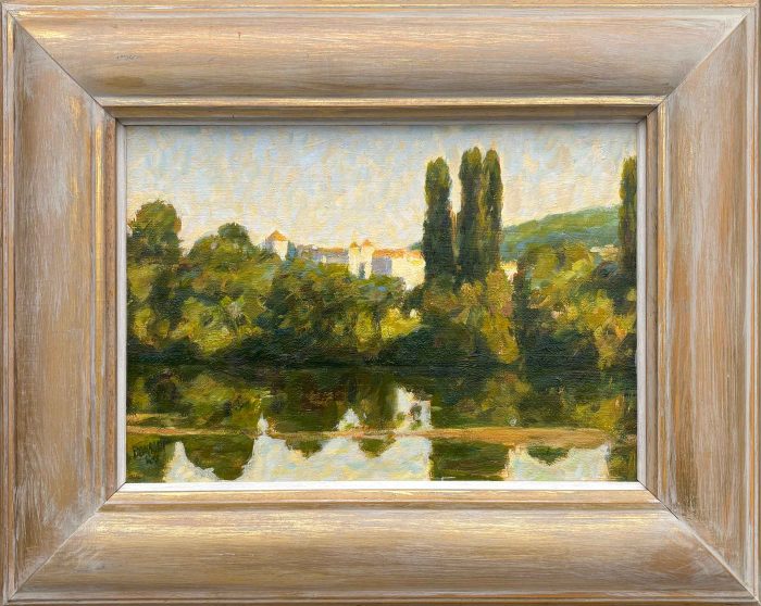 Hilltop Village, River Lot, Cahors. European Landscape Paintings by Michael Bowman. Oil on board.