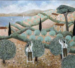 Harvest Time, Mallorca. European Landscape Paintings by Sarah Bowman. Oil on board.