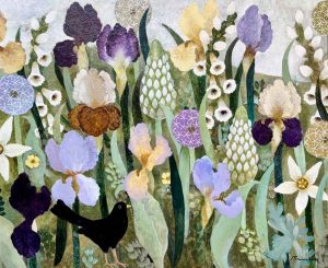 Irises & Narcissus. Birds & Animals Floral Paintings by Sarah Bowman. Oil on card.