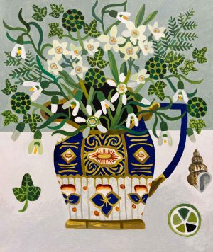White Winter Flowers. Still Life Floral Paintings by Vanessa Bowman. Oil on card.