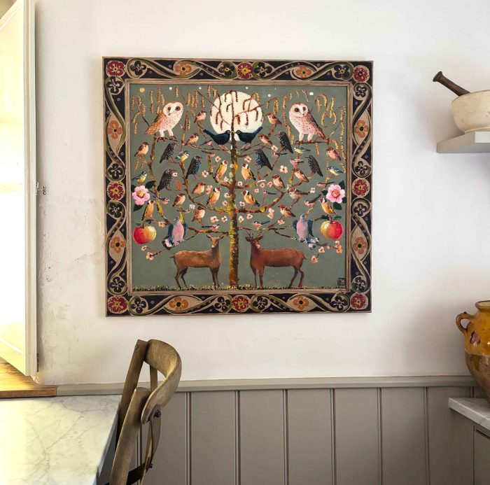 Tree of Life. Floral Birds & Animals Paintings by Vanessa Cooper. Oil on board with hand painted frame.