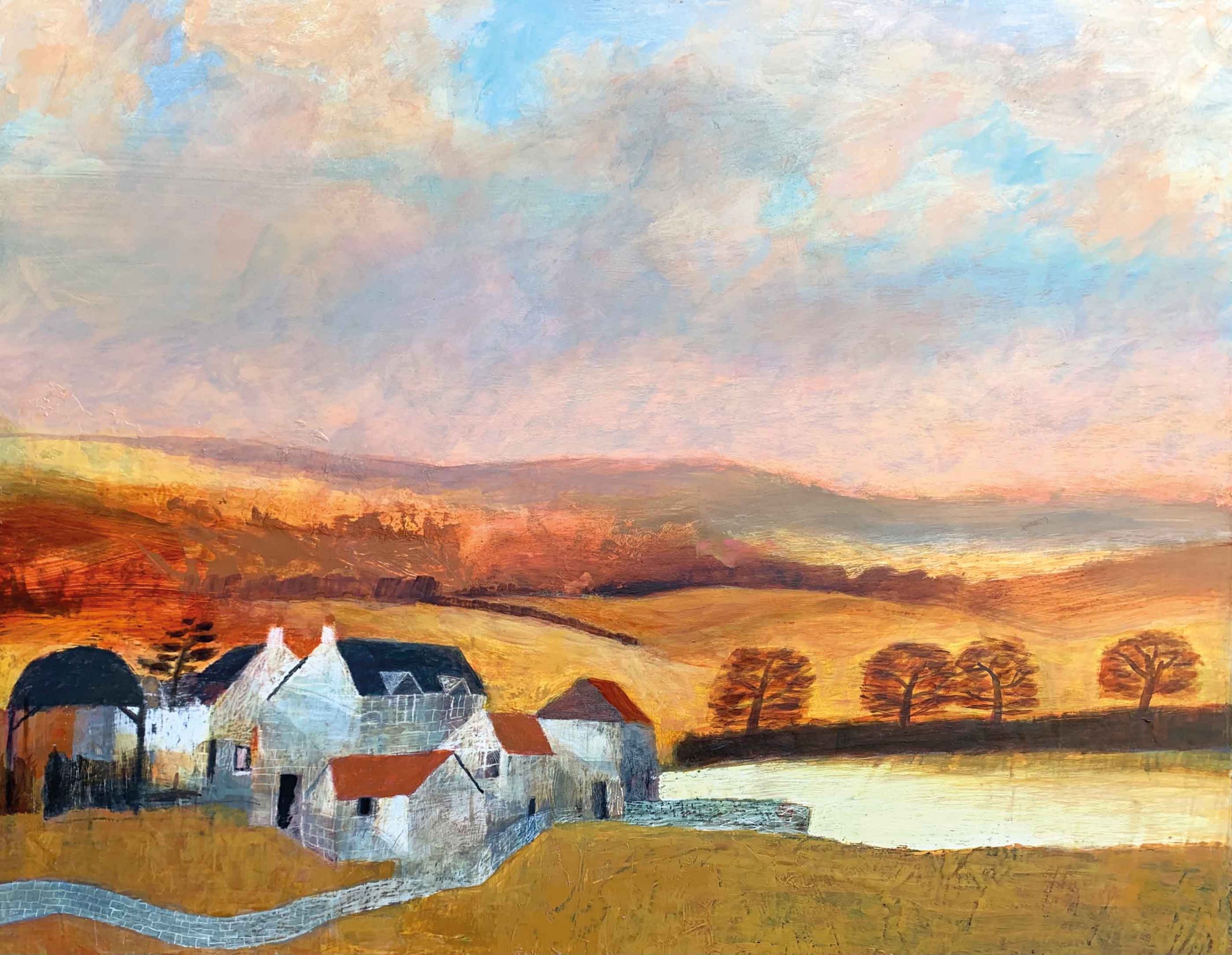 Farm. Landscape  Paintings by Charlie Baird. Mixed media on board.