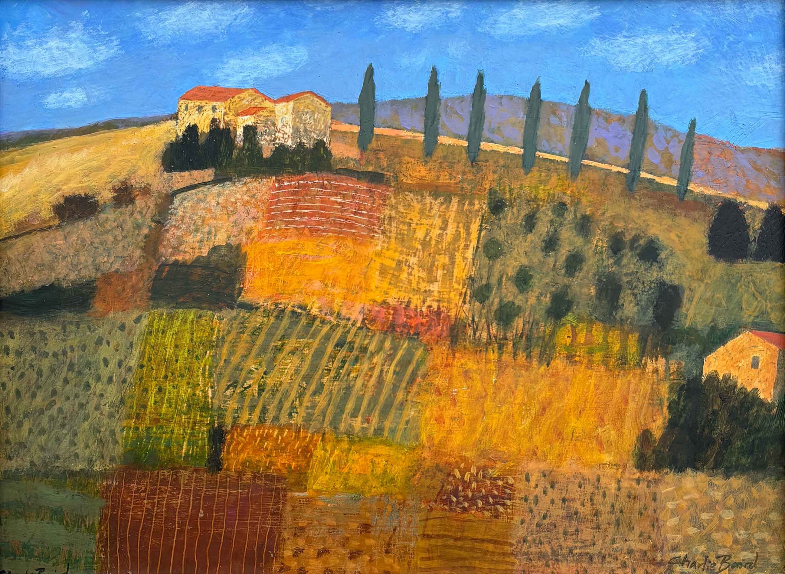 Tuscan Hill. European Landscape Paintings by Charlie Baird. Mixed media on board.